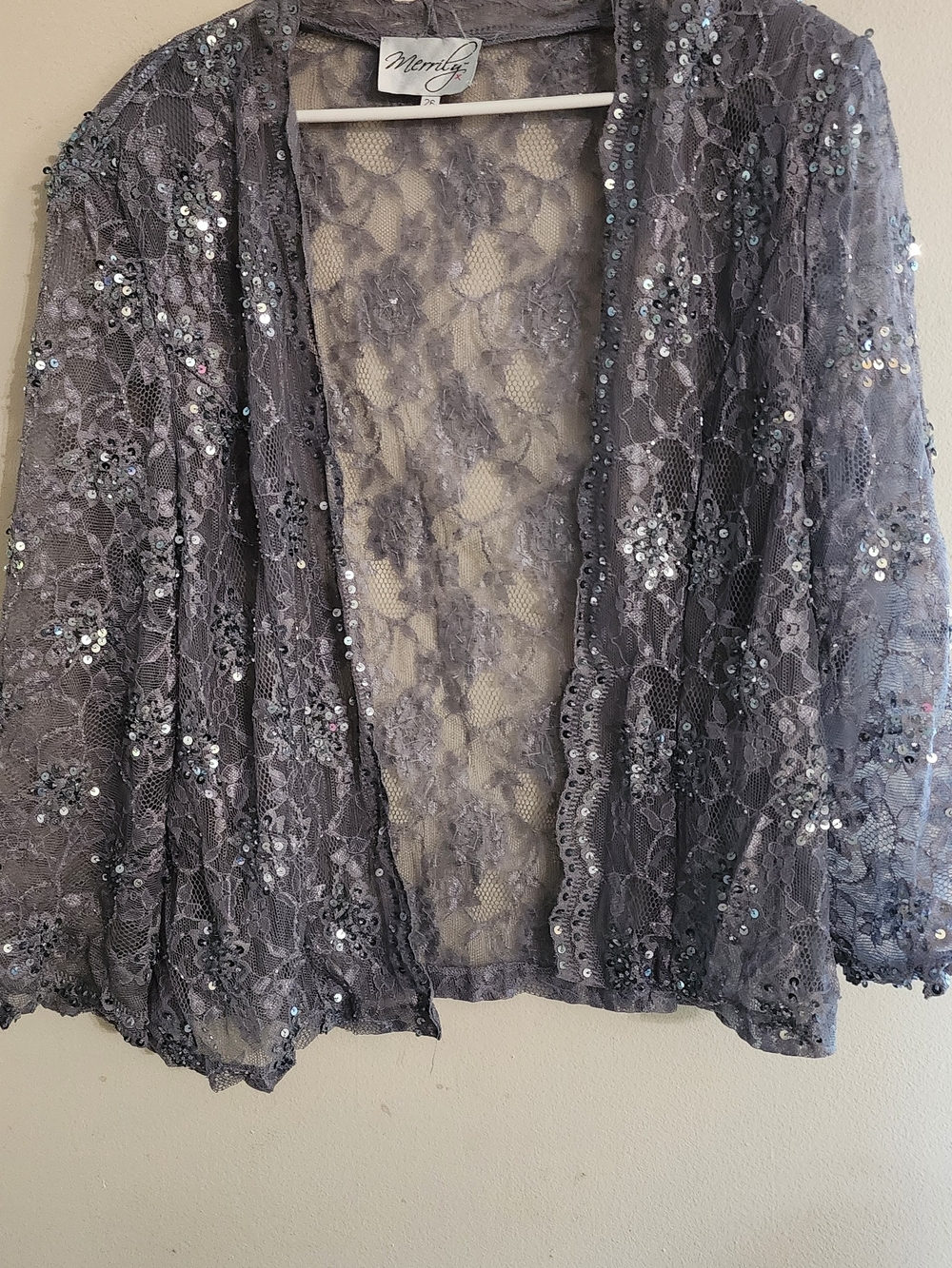Merrily Grey Lace Sequin Beaded Open Front Bolero Shrug Jacket Plus Size 26